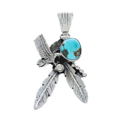 Eagle And Feathers Turquoise Sterling Silver Navajo Pendant NX11681
